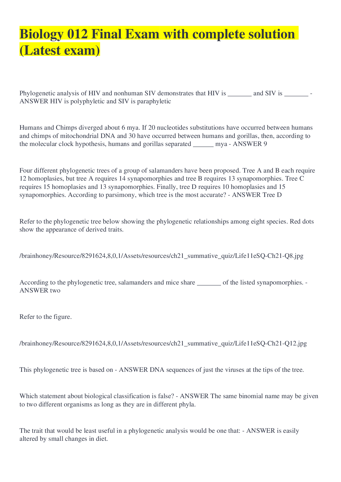 Preview of Biology 012 Final Exam with complete solution (Latest exam)